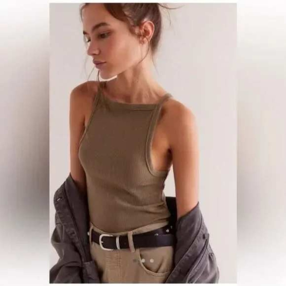 Free‎ People Top Womens Small Brown Caiman Tank Casual Knit Square Neck Cami
